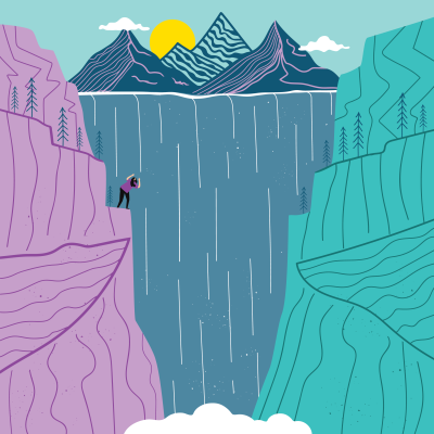 Stylized graphic of woman looking into a chasm between two mountains